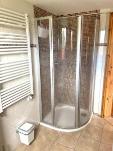 a shower with a glass door in a bathroom at Naturcamp Duvendiek Häuschen in Niepars