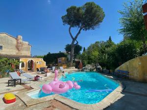 a swimming pool with a pink inflatable animal in it at Le Clos de L'Isle in Arles