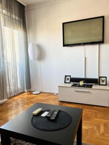 a living room with a flat screen tv on the wall at Stan na dan u centru, Inđija in Inđija