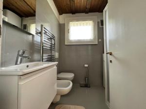 a bathroom with a sink and a toilet and a window at Cosy Lodge in Madonna di Campiglio