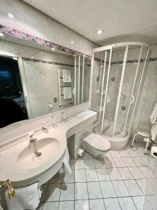 La salle de bains est pourvue d'un lavabo, d'une douche et de toilettes. dans l'établissement Hotel Krone, à Neuenburg am Rhein