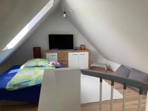 1 dormitorio con 1 cama y TV en el ático en Herzhof Lampert en Riegersburg