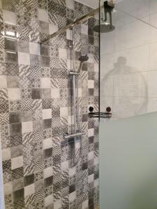 baño con ducha y puerta de cristal en Apartamenty "Aga" Rusinowo, en Rusinowo
