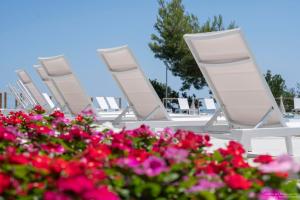 a row of white chairs and pink flowers at AH Premium Baia dei Faraglioni in Mattinata