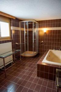 a brown tiled bathroom with a shower and a tub at Grosse 2 ZImmer Wohnung mit Terrasse in Bad Ragaz