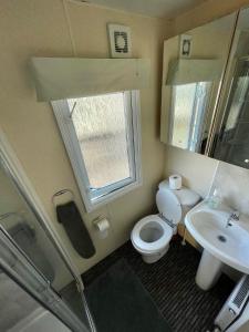 Baño pequeño con aseo y lavamanos en 2 Bedroom Park home in Uddingston, Glasgow, en Uddingston