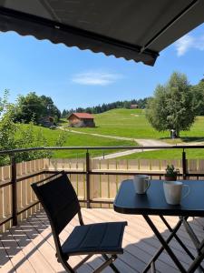 a patio with a table and a chair on a deck at Mein Traumblick in Rettenberg