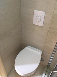 a bathroom with a white toilet with a button on the wall at Villa Rakhimov in Herceg-Novi