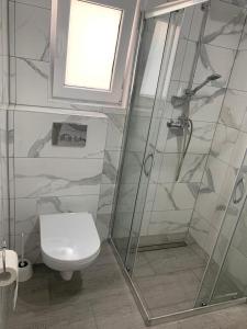 uma casa de banho com um WC e um chuveiro em Domek Letniskowy Władysławowo em Władysławowo