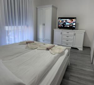 1 dormitorio blanco con 1 cama grande y TV en apartament ANDRE Baile Felix, en Băile Felix