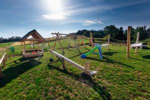 a bunch of playground equipment in a field at Przystanek Babia Apartamenty in Lipnica Wielka
