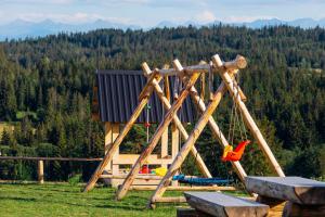 ein Holzspielset mit einem Spielplatz auf dem Feld in der Unterkunft Przystanek Babia Apartamenty in Lipnica Wielka