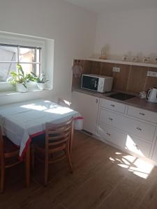 a kitchen with a table and a table and a microwave at Ralsko-Hradcany - apartmán in Hradčany