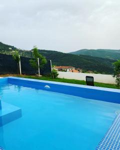 una gran piscina azul con montañas en el fondo en Douro Box en Castelo de Paiva