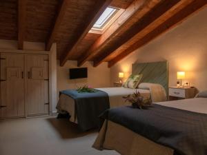 a bedroom with two beds and a television in a room at Alojamientos Biarritz VISTA JARDÍN in Fuenteheridos