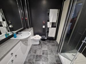 a bathroom with a toilet and a sink and a shower at Corner House at L3 in Liverpool