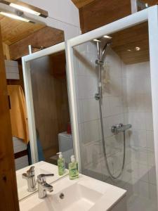 ein Bad mit einer Dusche, einem Waschbecken und einem Spiegel in der Unterkunft Maglines in Vars