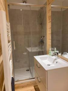 ein Bad mit einer Dusche, einem Waschbecken und einer Dusche in der Unterkunft Maglines in Vars