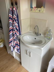 a bathroom with a sink and a towel at Cove Cott in Warsash