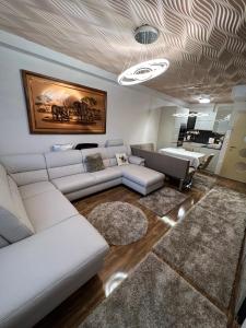ein Wohnzimmer mit einem weißen Sofa und einem Tisch in der Unterkunft Párizsi Udvar Prémium Apartman in Debrecen