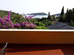 uma vista da varanda de uma casa com flores roxas em Apartment Luna em Molunat