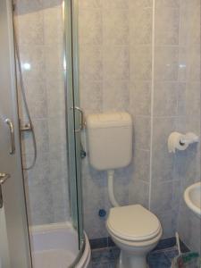 uma casa de banho com um WC e um chuveiro em Villa Cvet Rooms em Ohrid