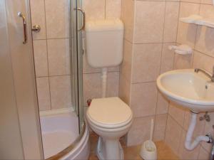 a small bathroom with a toilet and a sink at Villa Cvet Rooms in Ohrid