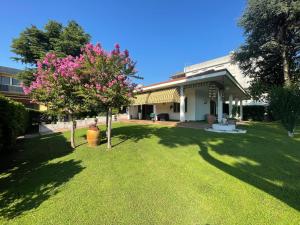 een tuin met een boom met roze bloemen voor een gebouw bij Vitti's Home Verona in Verona