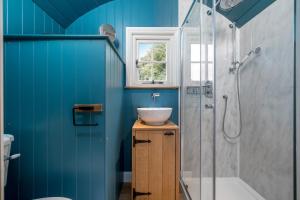 a bathroom with blue walls and a sink and a shower at Skylark hut in the Hampshire countryside in Oakley