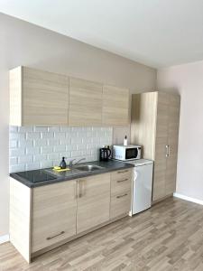a kitchen with a sink and a microwave at Apartamentai Klaipėda-studijos tipo butukai in Klaipėda +29 photos
