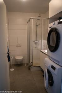 a bathroom with a shower and a washing machine at Comfortable apartment in Vogar