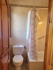 uma casa de banho com um WC e uma cortina de chuveiro em Allotjament rural Casa Milagros em Barruera