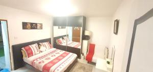 1 dormitorio con cama y espejo grande en MAISON APPARTEMENT TOUT CONFORT À 10mn des plages en Montpellier