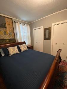 ein Schlafzimmer mit einem großen Bett mit blauer Bettwäsche und Kissen in der Unterkunft Serene Charming Private Suite Patio, Upscale Berkeley in Berkeley