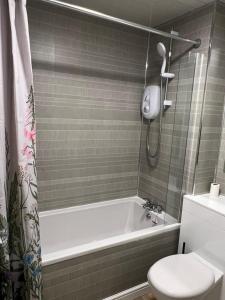 a bathroom with a shower and a tub and a toilet at Holyrood Duplex 3- Bedrooms Apartment in Edinburgh