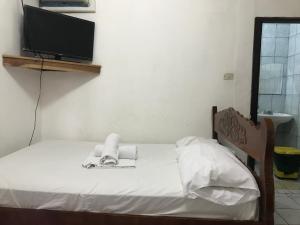 a bedroom with a bed with a tv on the wall at Hotel Ometepetl in Moyogalpa