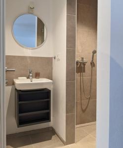 La salle de bains est pourvue d'un lavabo et d'une douche avec un miroir. dans l'établissement Klančarjeva domačija - Spacious countryside apartment on an eco farm, 