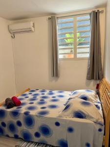 1 dormitorio con 1 cama con sábanas de lunares y ventana en Un P’tit Coin de Nature, en Sainte-Anne