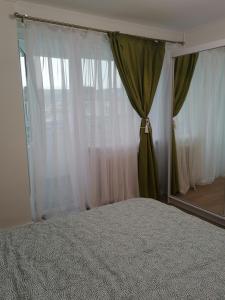 ein Schlafzimmer mit einem Bett und einem großen Fenster in der Unterkunft Locatia perfecta in centru in Cluj-Napoca