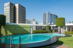 een zwembad op het dak van een gebouw met wolkenkrabbers bij Hotel Casa Blanca in Mexico-Stad