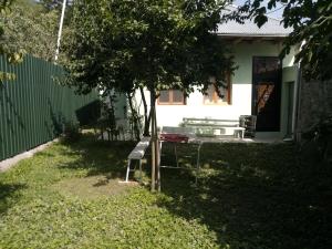 a bench in the yard of a house at Guest House DODU in Sheki