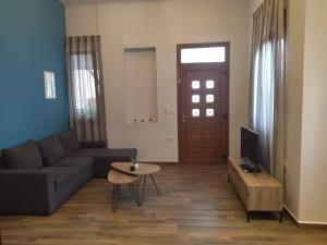 a living room with a couch and a table and a tv at Plumbago Apartment in Theológos