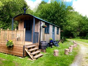 a small cabin in the grass with a staircase leading to it at Brook the Shepherd Hut in Saltash