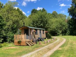 a small cabin in a field with trees at Brook the Shepherd Hut in Saltash
