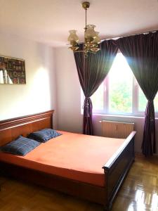 a bedroom with a bed and a window with curtains at Vintage Bucharest apartment in Bucharest