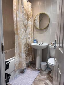 a bathroom with a sink and a toilet and a mirror at Centrally Located Lincolnshire Home With Free Parking On Premises in Lincolnshire +9 photos