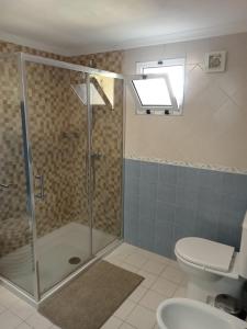 ein Bad mit einer Dusche und einem WC in der Unterkunft Casa do Poço in Quinta do Anjo
