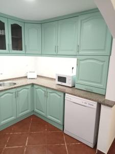 a kitchen with green cabinets and a white dishwasher at Casa do Poço in Quinta do Anjo