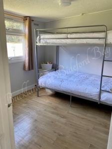 1 dormitorio con 2 literas y ventana en Bucklands at Bideford Bay, en Bucks Mills