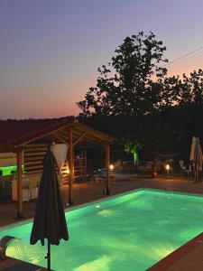 uma piscina com um guarda-sol ao lado de uma casa em Villa Kastro Elassona em Elassona